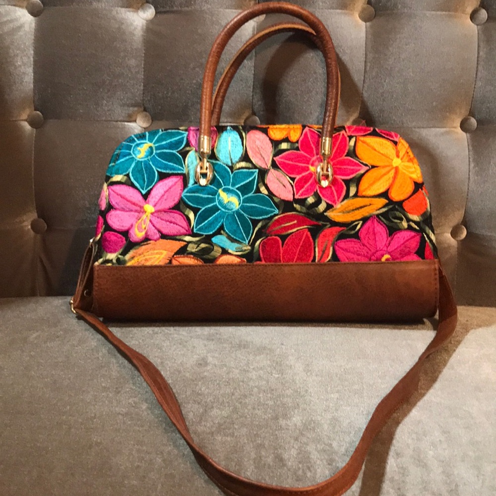 Brown Leather Embroidered Handbag
